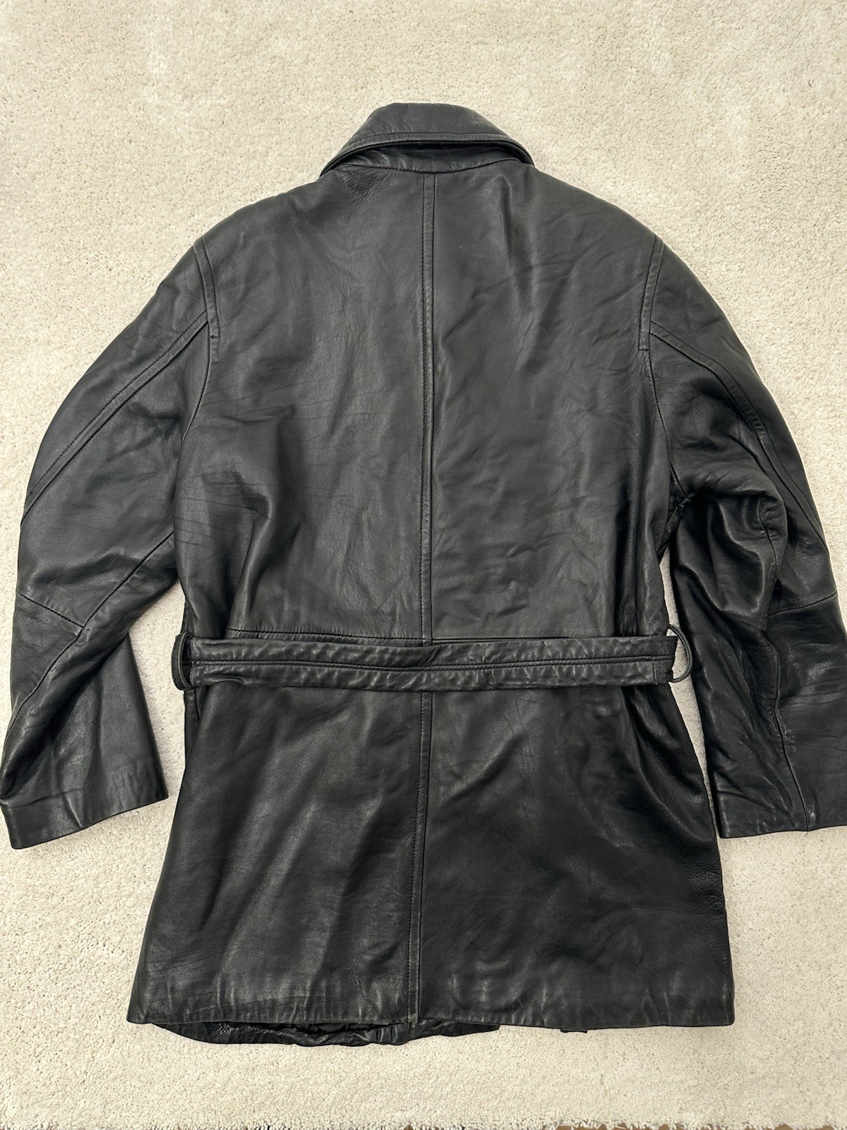 Vtg Express Leather Trench Coat Jacket M Black Belted Genuine Leather Thinsulate