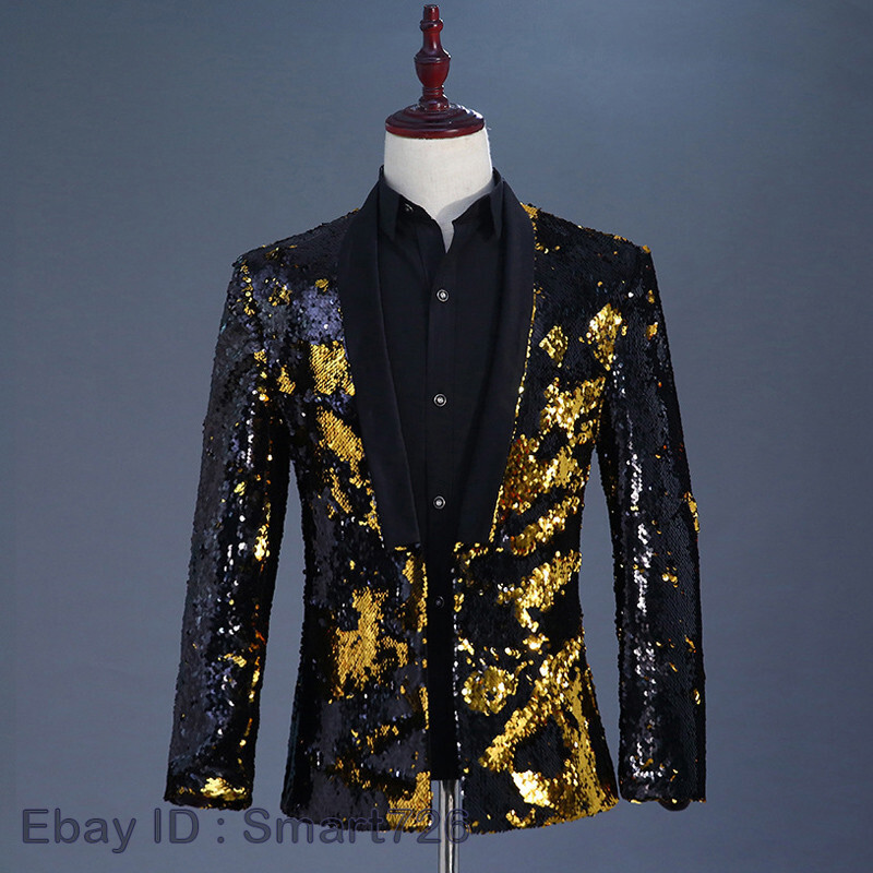 Men Reversible Two Tone Shiny Sequins Jacket Suit Blazer Fancy Dress Outfit Sets