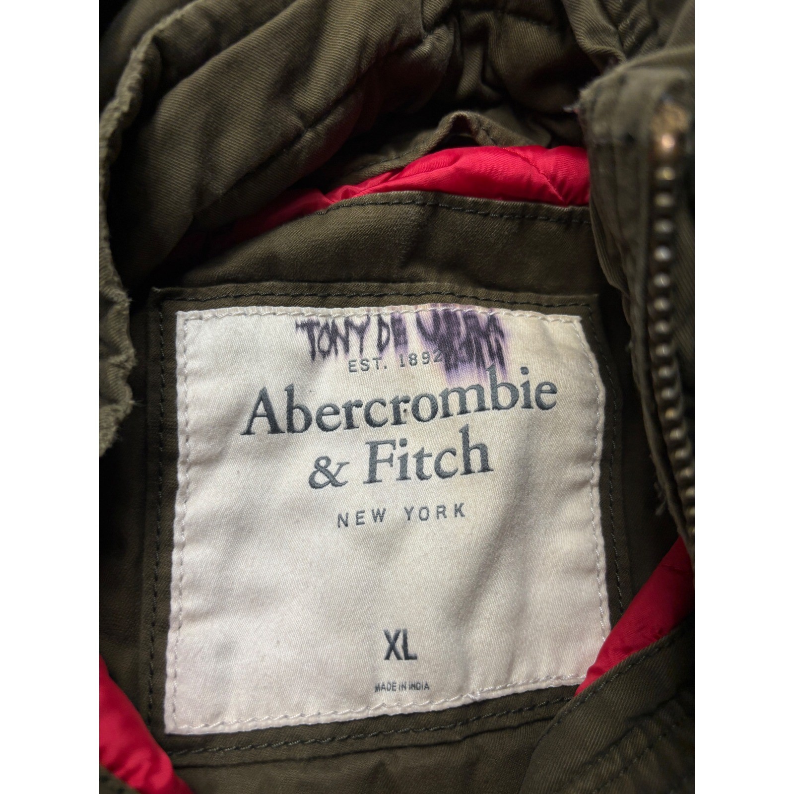 Abercrombie & Fitch Mens XL Olive Green Red Quilted Hooded Field Military Jacket