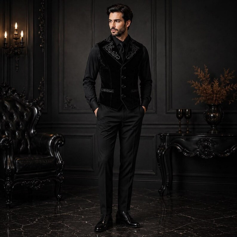 Mens Gothic Waistcoat Vest Black Velvet Embroidered Steampunk Vampire