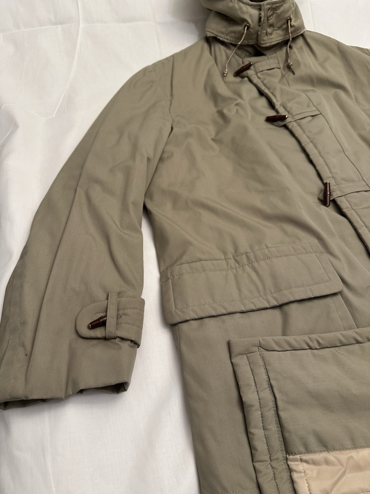 Vintage McGregor Tan Chore barn Quilted jacket hooded coat barrel button & zip L