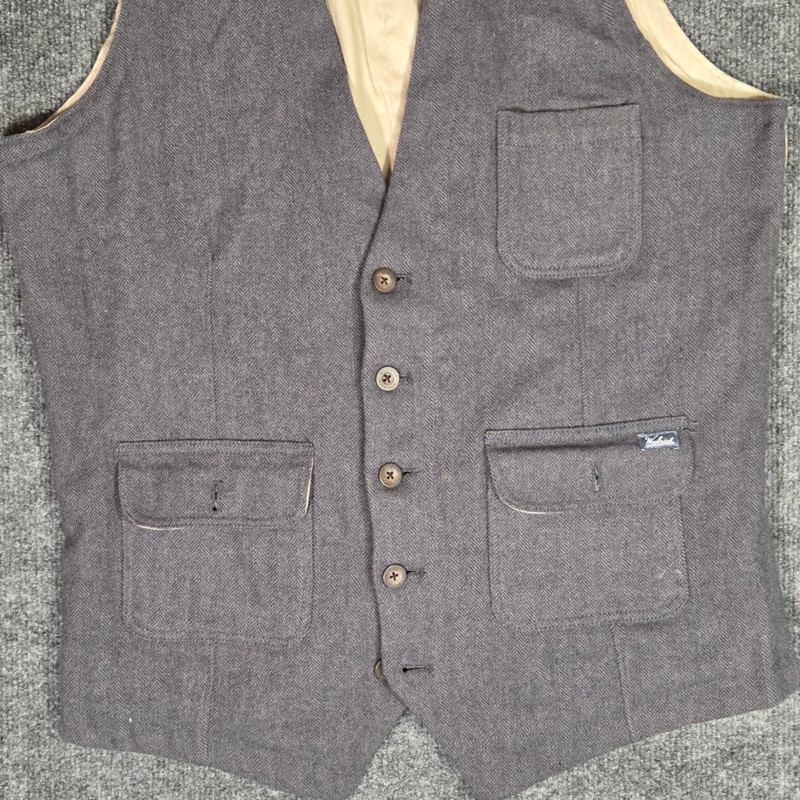 Woolrich Mens Medium Gray Herringbone Vest Outdoor Cinch Back Wool Blend Casual