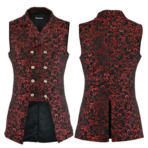 Mens Double Breasted Governor Vest Waistcoat Vtg Red Brocade Gothic Steampunk