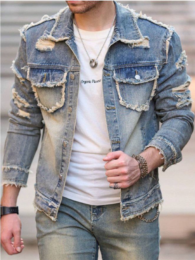 Men’s Frayed Ripped Distressed Denim Jacket Lapel Button‑Up Raw Edge Trucker