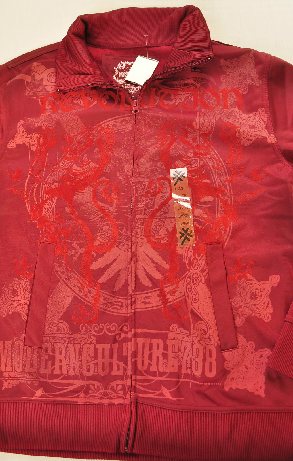 men’s Modern Culture jacket size large red zipper front collar printed design