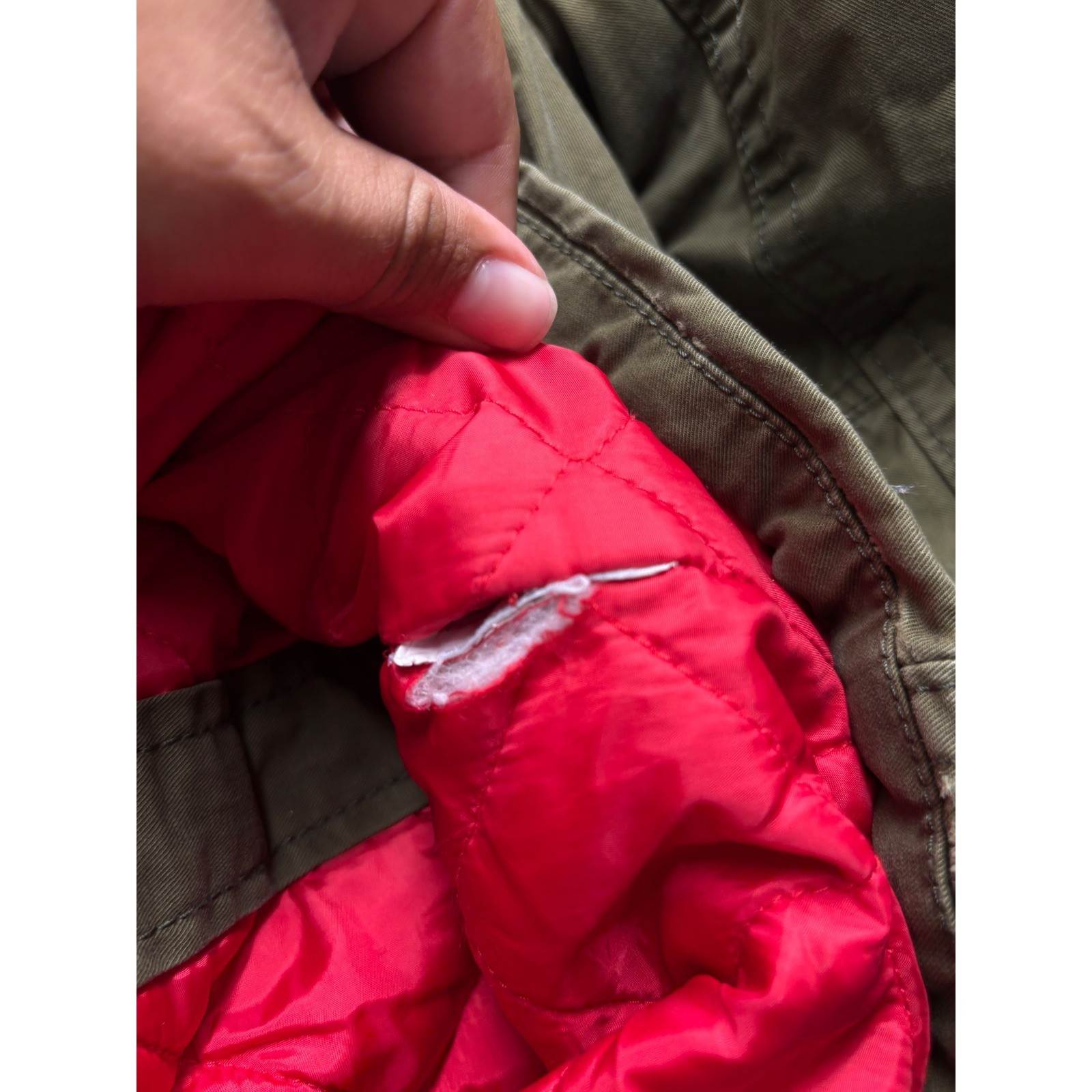Abercrombie & Fitch Mens XL Olive Green Red Quilted Hooded Field Military Jacket