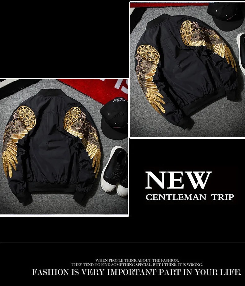 Luxury Men’s Eagle Wings Embroidery Bomber Jacket Hip Hop Streetwear Pilot Coat