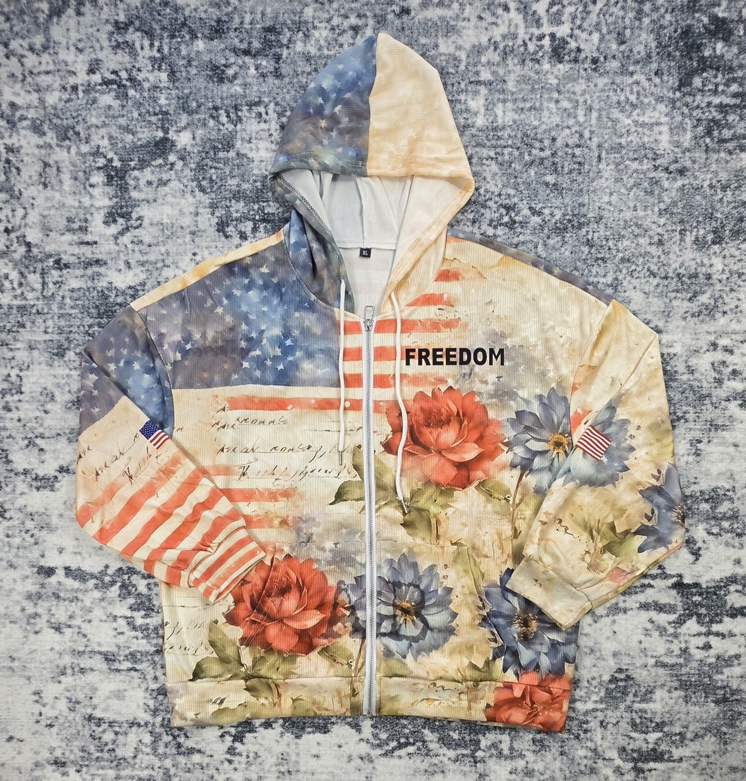 Men’s Patriotic USA Flag Floral Full Zip Hoodie Jacket XL Lightweight Freedom