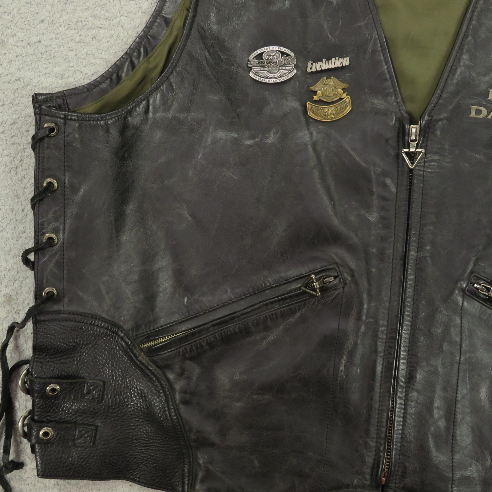 Harley Davidson Leather Vest XXL Mens Black Anniversary Patches Pins Side Laces