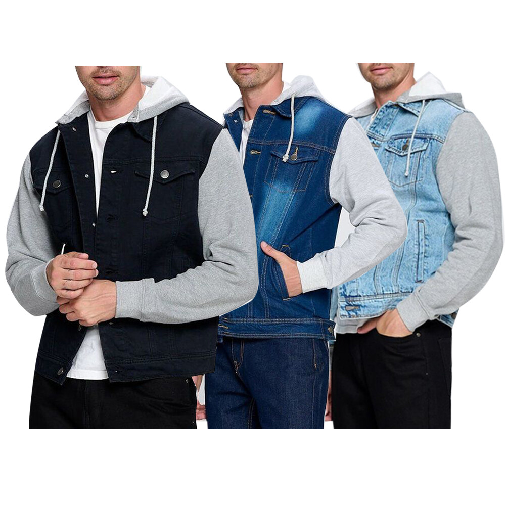 Men’s Jacket Hoodie Denim Cotton Long Sleeve Hybrid Hooded Trucker Jean Jacket