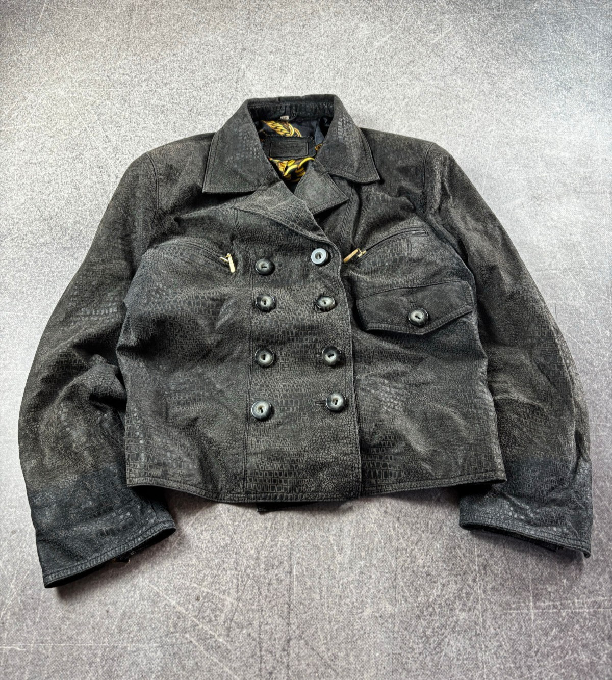 Vtg Napoleon Style Embossed Leather Jacket Croc Texture Double Breasted Gothic