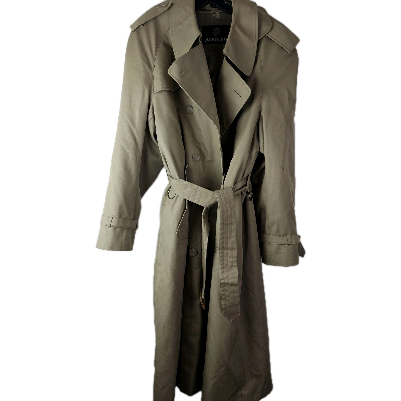 Adolfo 44 Beige Wool Lined Trench Coat VTG Mens Belted Double Breasted Classic