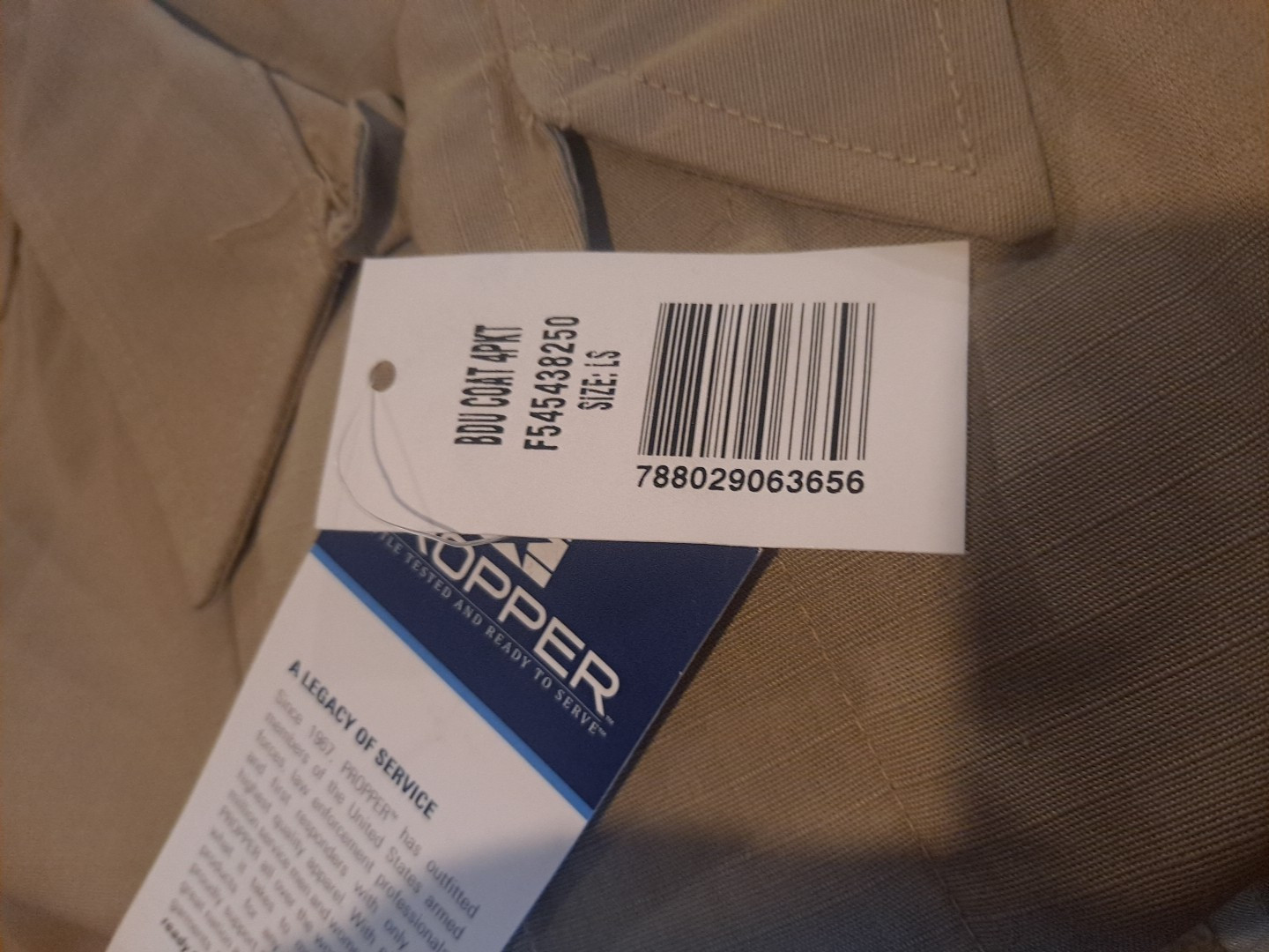 PROPPER BDU COAT LS Large/Short KHAKI CANVAS Ripstop height 63-67″ chest 41-45″