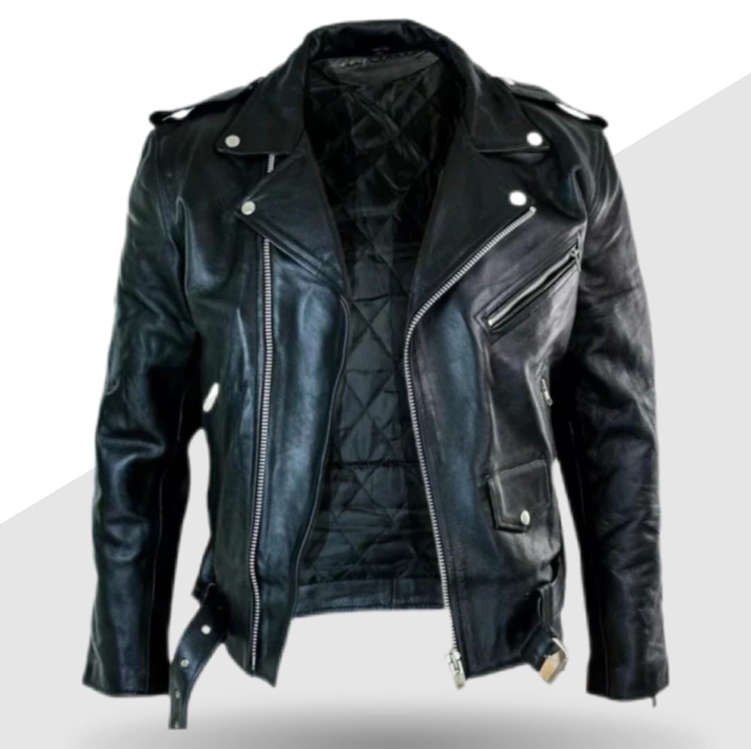 Men’s Motorcycle Leather jacket Genuine Buffalo Skin Brando Style Black Biker