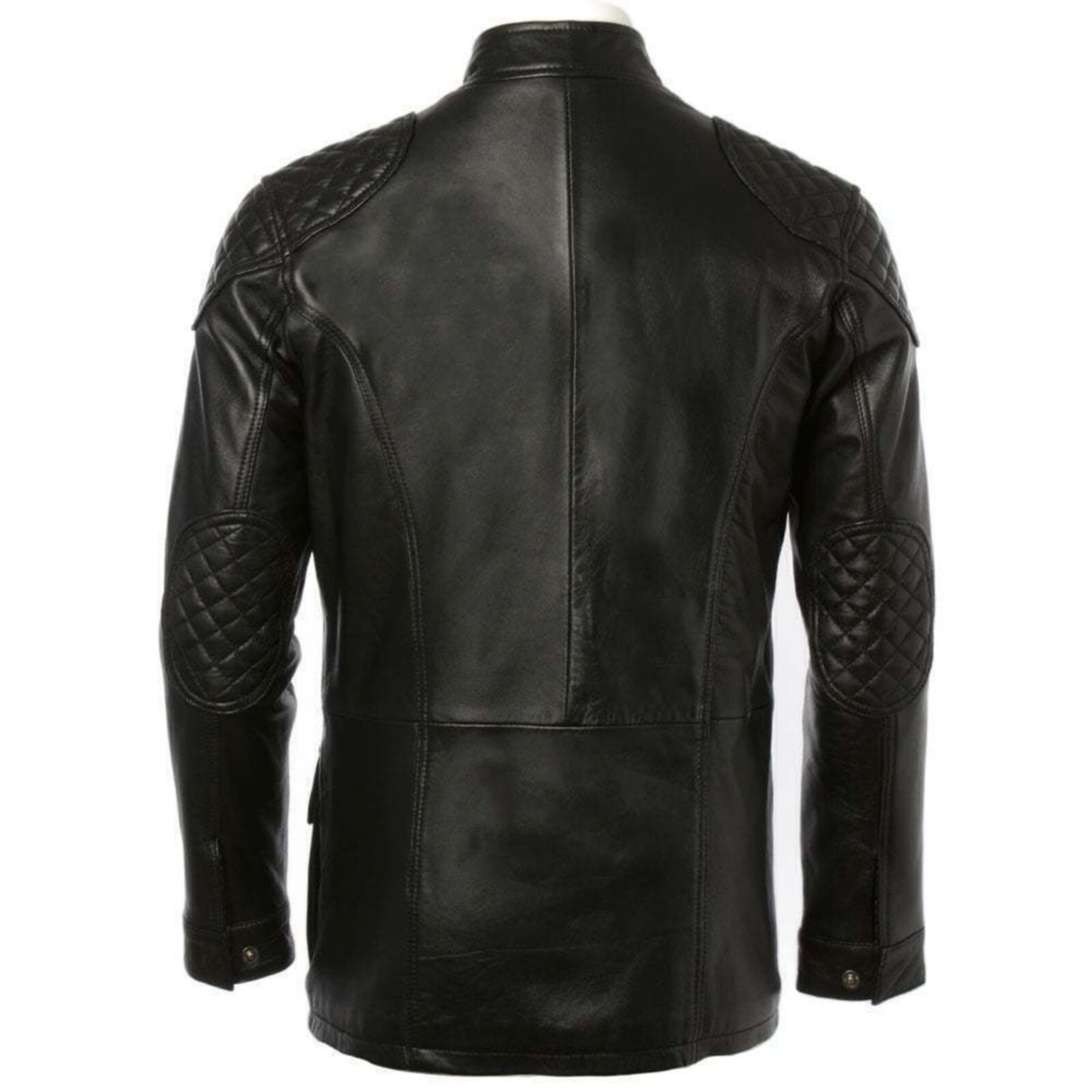 Mens Casual Quilted Bomber Cafe Racer Biker Timber 3/4 Long Black Leather Jacket