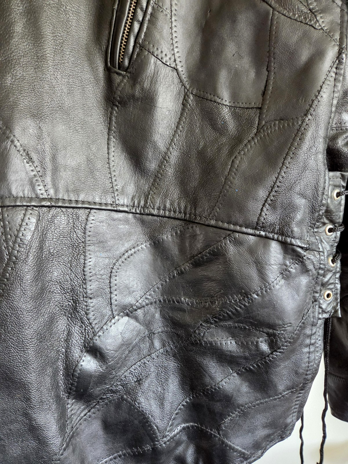 Vtg Diamond Plate D-Pocket Buffalo Leather Motorcycle Jacket Black Biker Moto