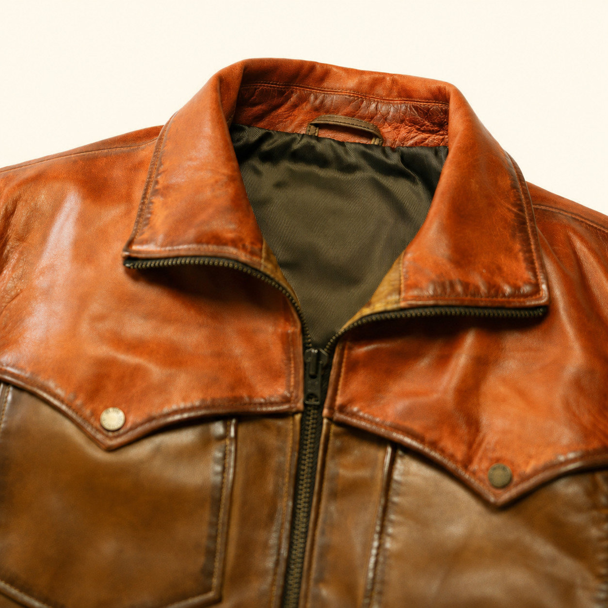 Men’s Genuine Leather Western Jacket Brown Vintage Zip-Up Classic Cowboy Coat