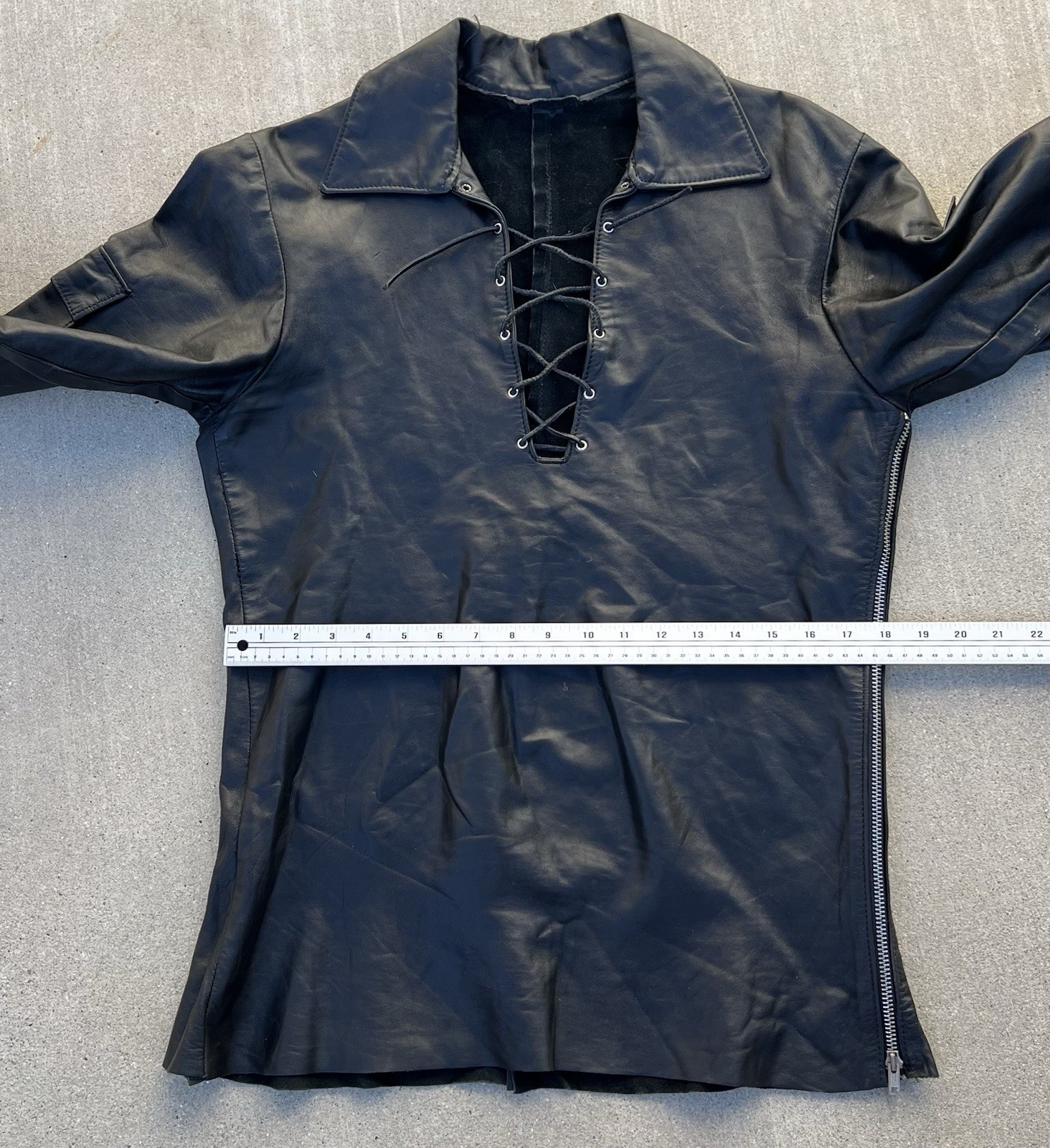 Black Leather Lace Up Pullover Shirt Talon Zip Western Biker Motorcycle M L Vtg