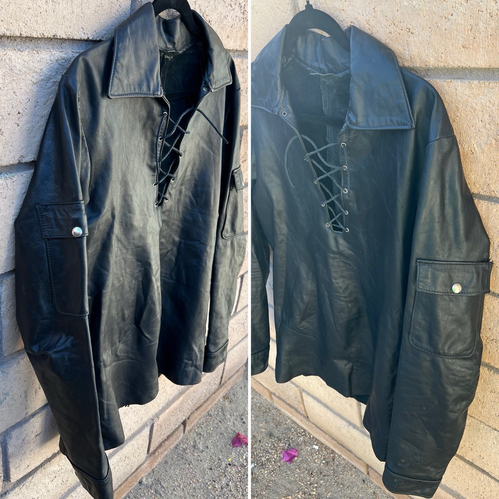 Black Leather Lace Up Pullover Shirt Talon Zip Western Biker Motorcycle M L Vtg