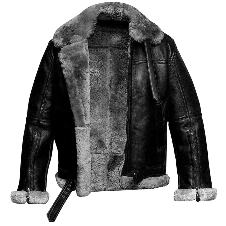 RAF Aviator B3 Bomber Jacket Men Real Sheepskin Leather Flying Pilot Jacket Coat