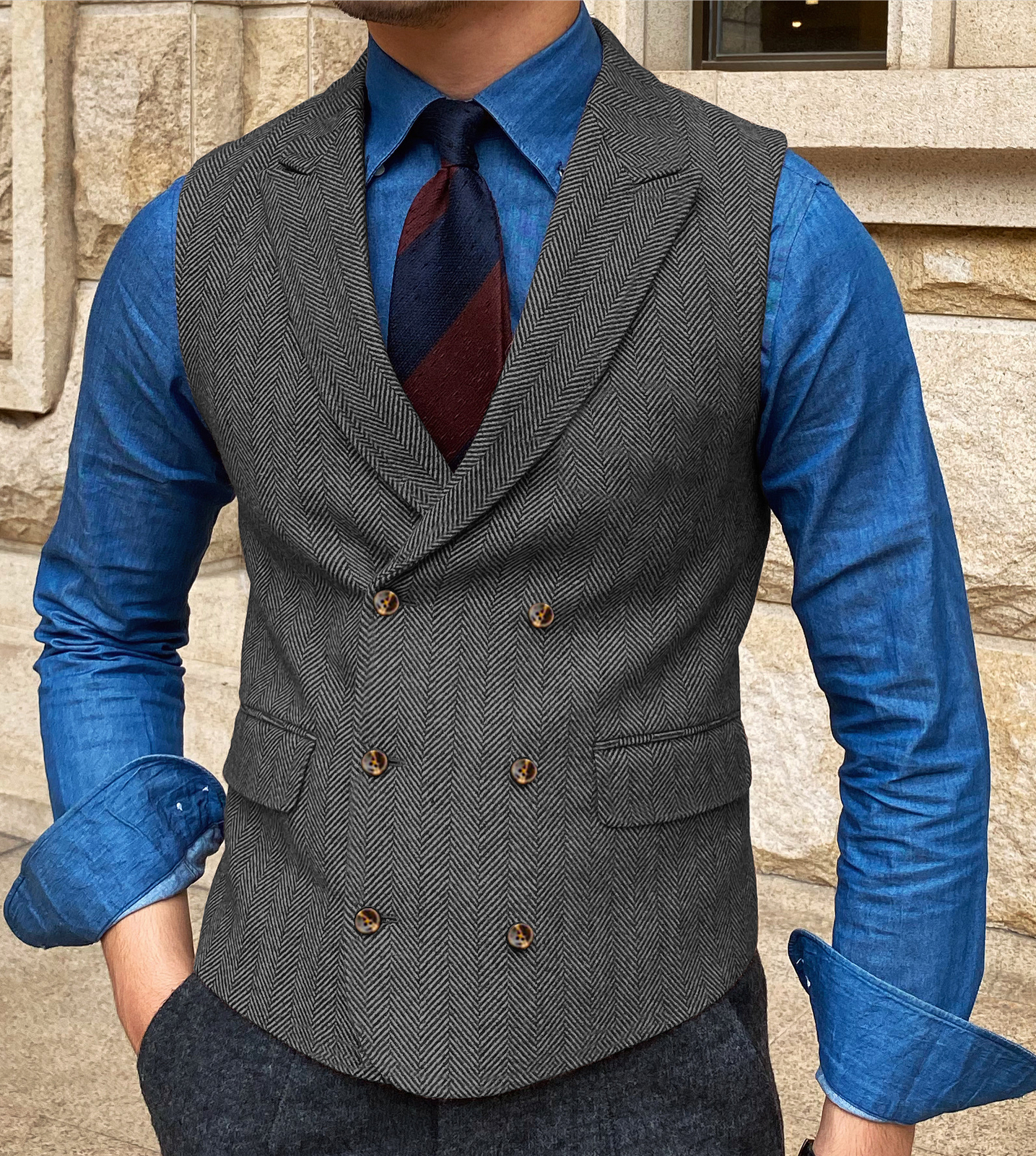 Formal Men Herringbone Double-Breasted Tweed Waistcoat Vest Wedding Vintage Wool