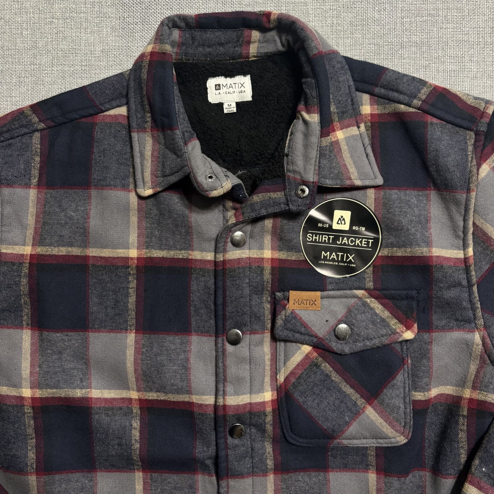 Matix Mens Plaid Shirt Jacket Black Gray & Red Cotton Polyester Blend.