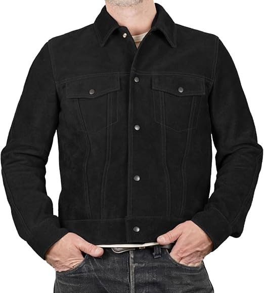 Mens Black Suede Trucker Jacket Genuine Leather Western Slim Fit Casual Coat New