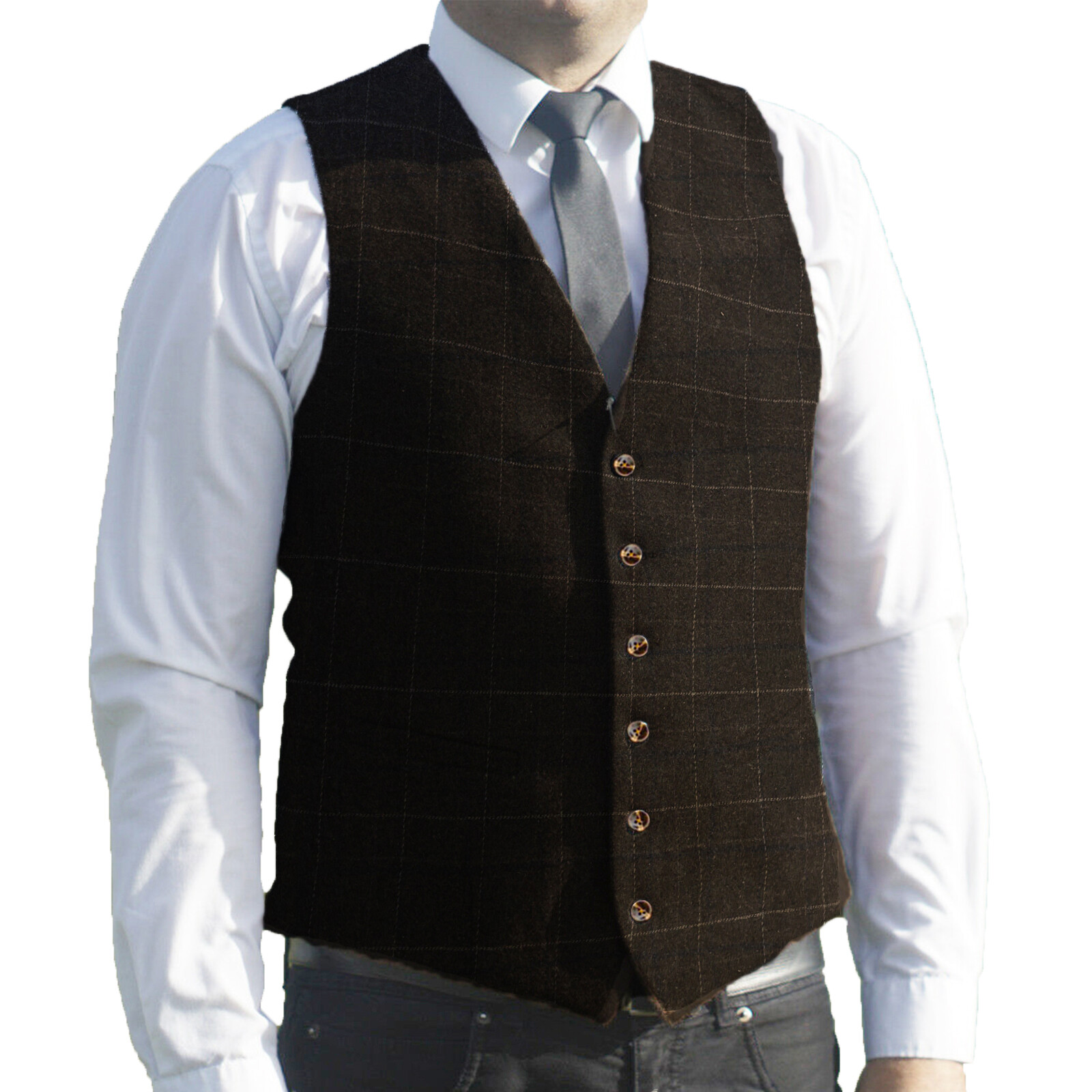 Men Plaid Waistcoat Tweed Vest Windowpane Wedding Vintage Wool Herringbone Groom