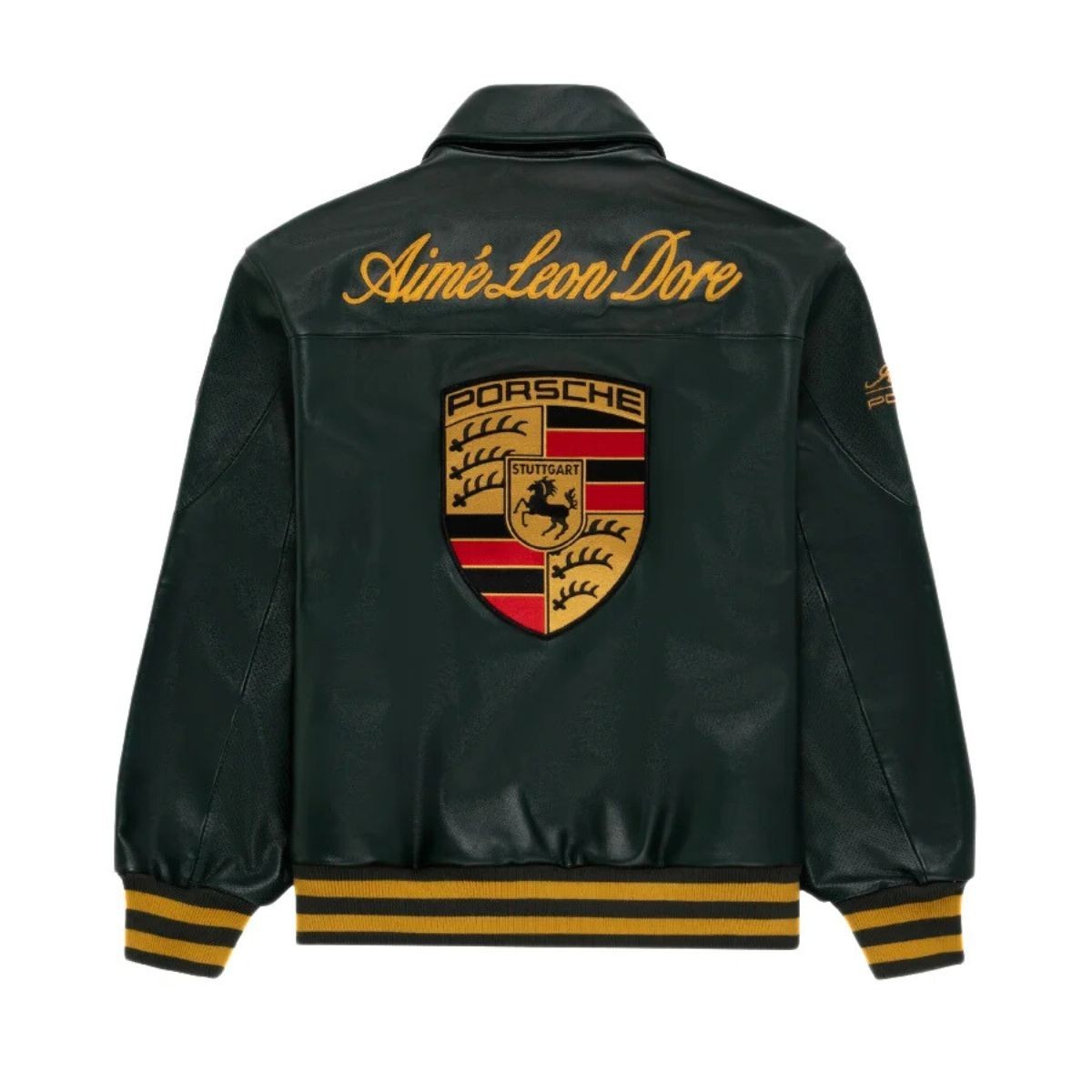 Men’s Green Leather Racing Jacket Embroidered Logo Bomber Motorcycle Coat Gift