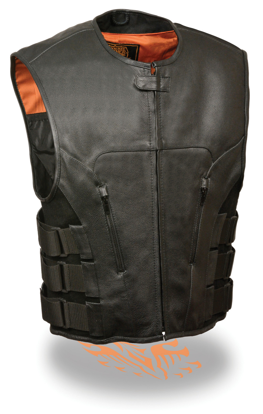 MEN’S BIKER UPDATED BLACK SWAT TEAM STYLE MOTORCYCLE LEATHER VEST W/2GUN POCKETS