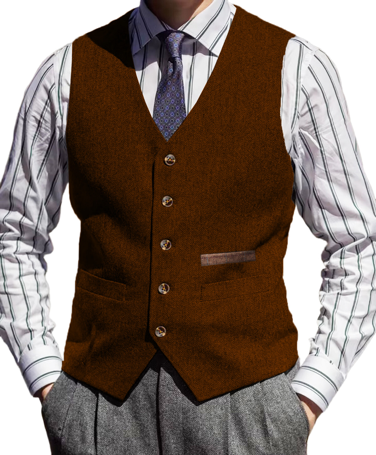 Tweed Vest Mens V-Neck Grooms Waistcoat Wool Waistcoat Herringbone Vintage Retro