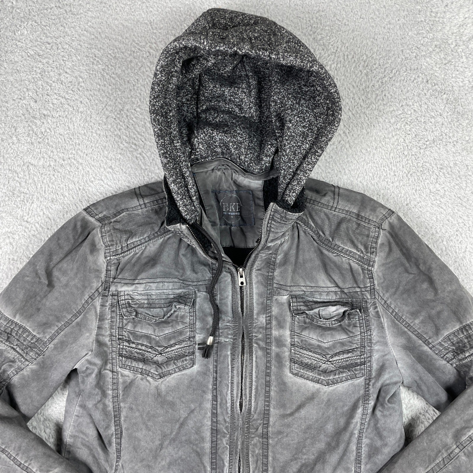 BKE Athletic Fit Hooded Jacket Mens Medium Gray Sherpa Lined Full Zip Cotton