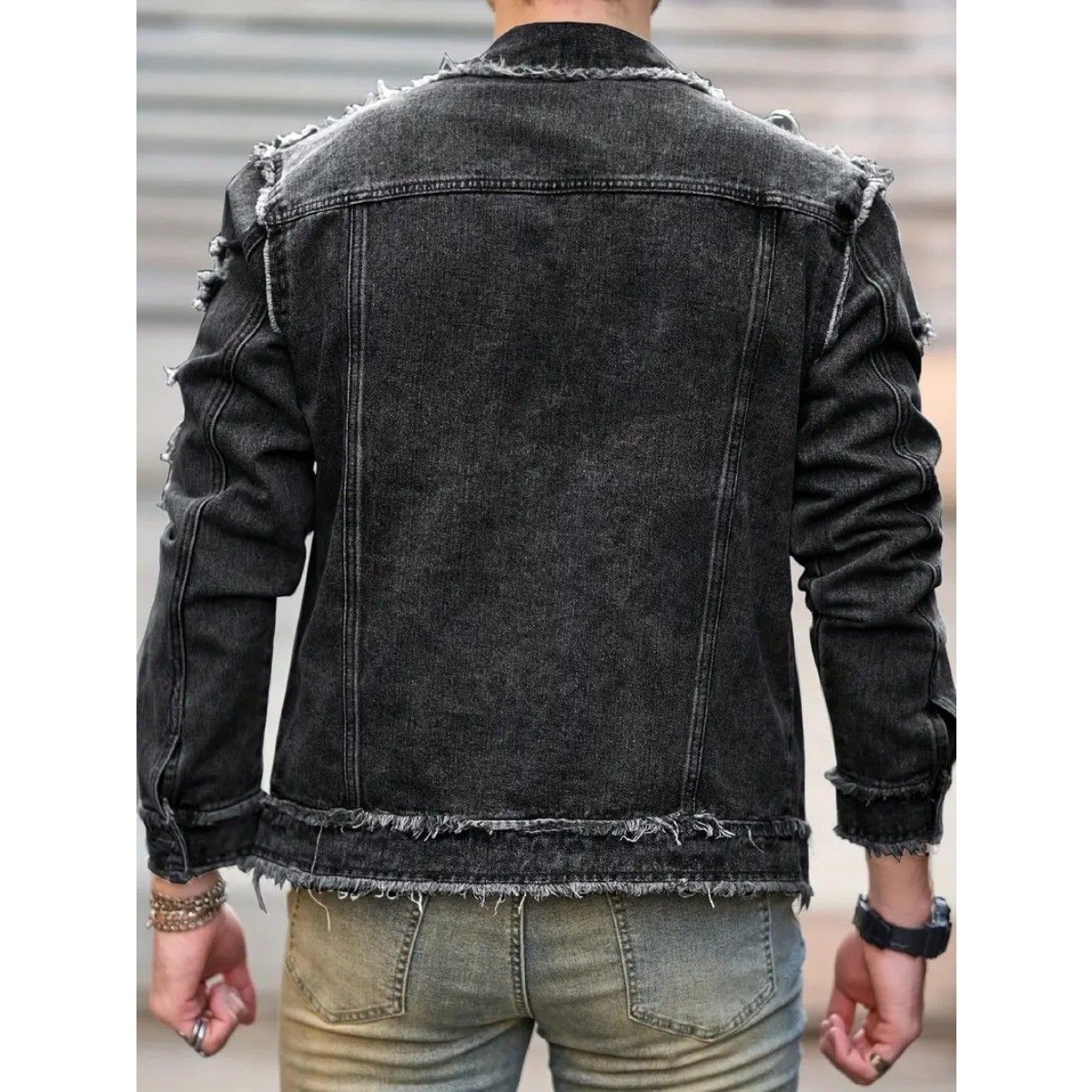 Men Black Washed Denim Jacket Frayed Ripped Distressed Trucker Coat