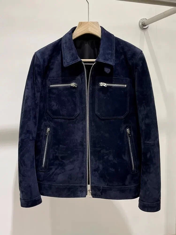 NEW Blue Cafe Racer Leather Jacket for Men Pure Suede Custom Made Size XS TO 3XL