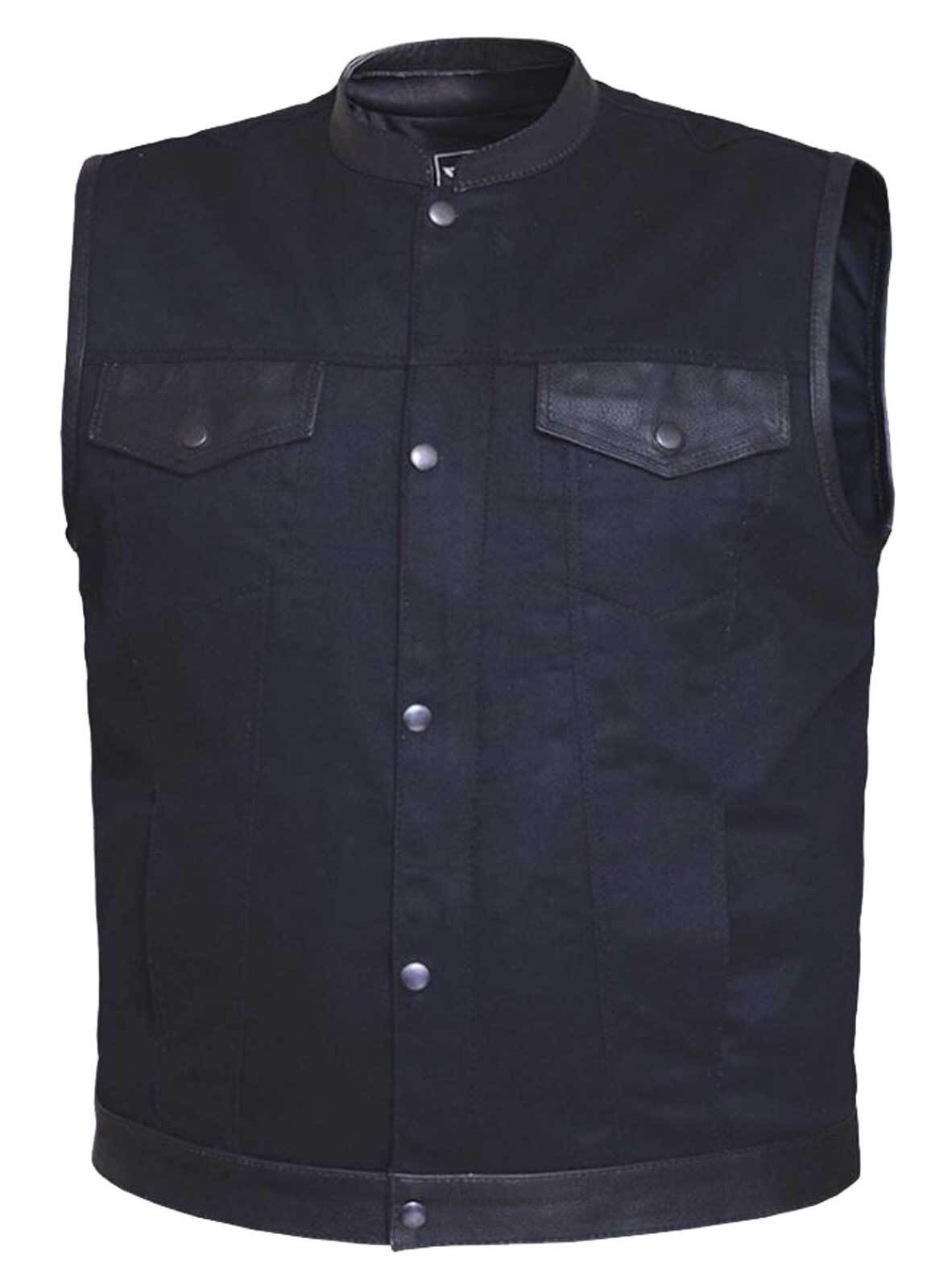 UNIK Men’s Denim Club Motorcycle Vest w/ Cowhide Leather Trim – Matte Black