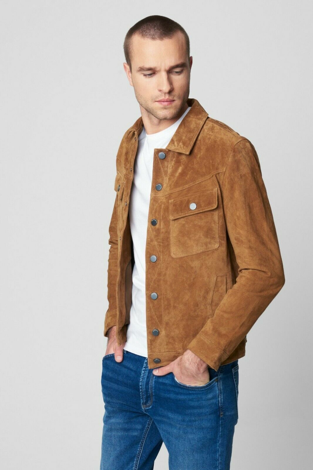 Brand New Men Jacket Brown Suede Leather Stylish Casual Wear All Size Available