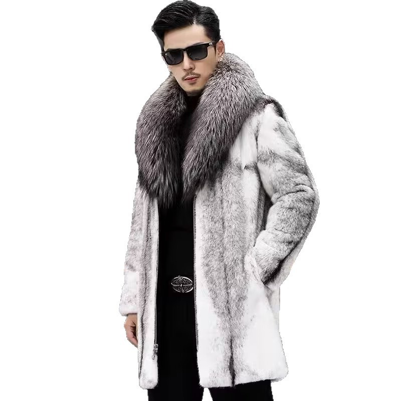 Men’s Warm Mink Fur Coat Winter Raccoon Fur Collar Thickened Warm Business Coat