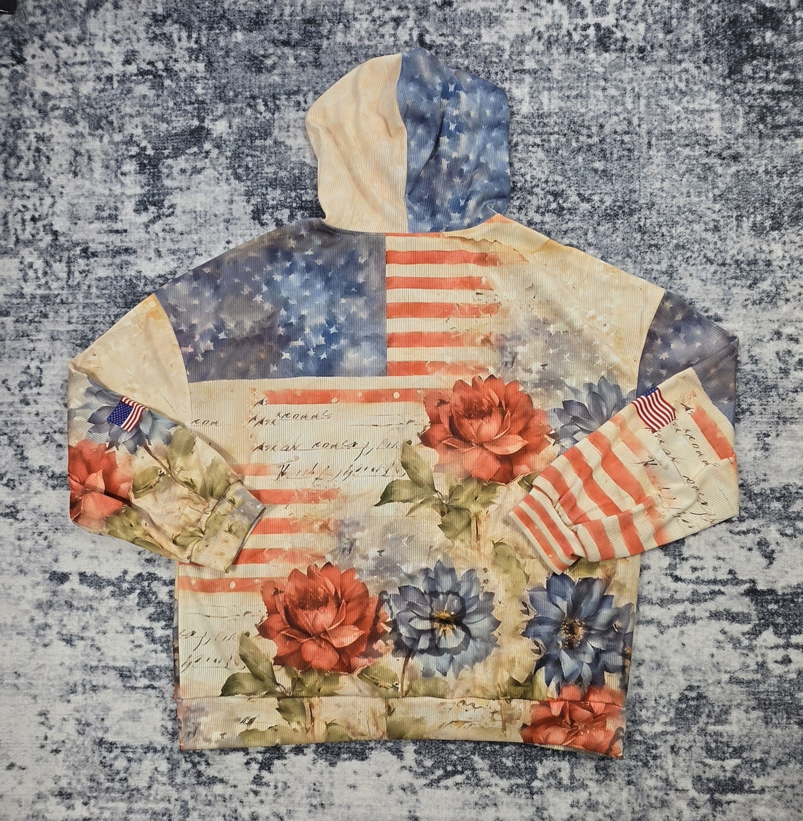 Men’s Patriotic USA Flag Floral Full Zip Hoodie Jacket XL Lightweight Freedom