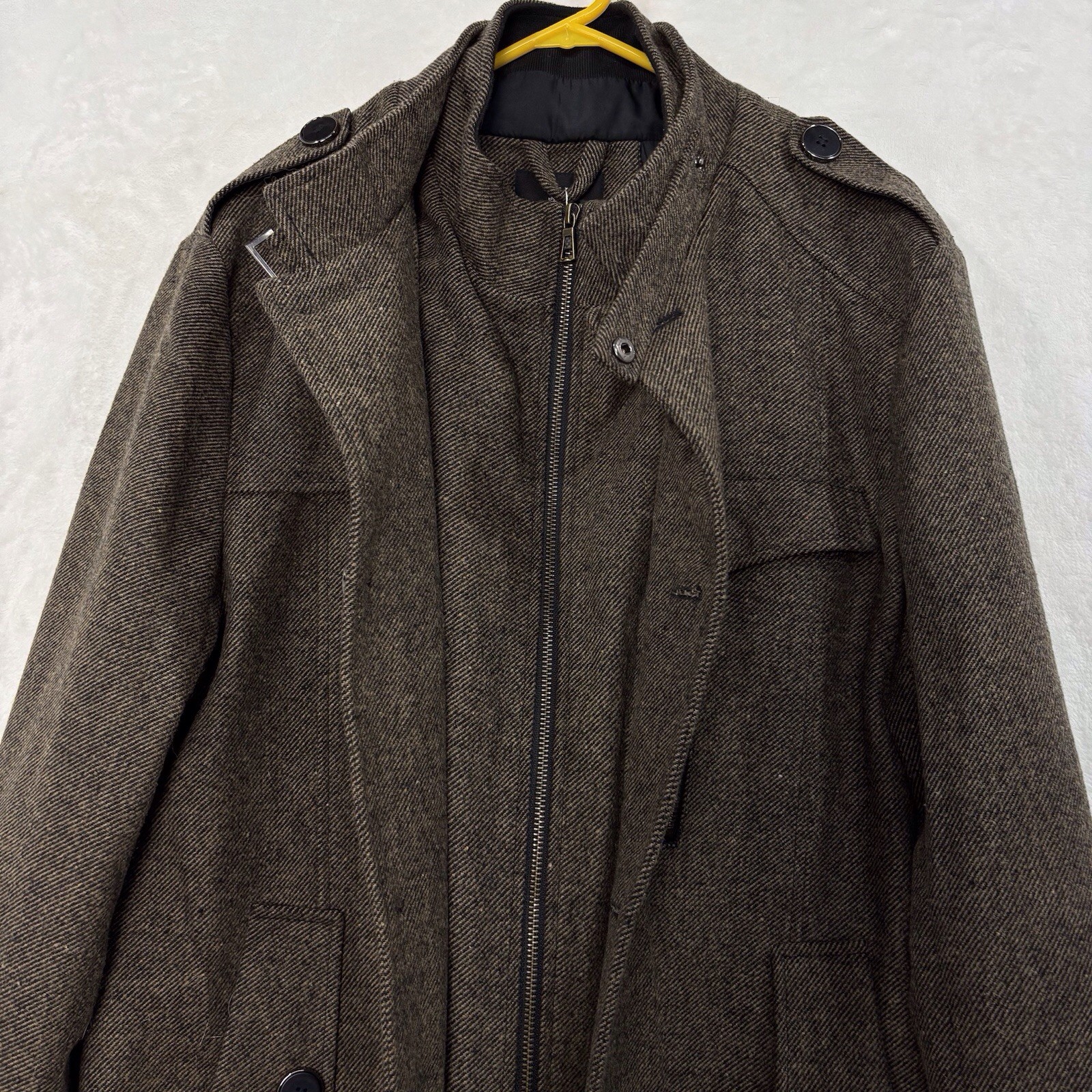 Wantdo Wool Blend Pea Coat Jacket Trench Coat Men L Herringbone Tweed Brown NEW