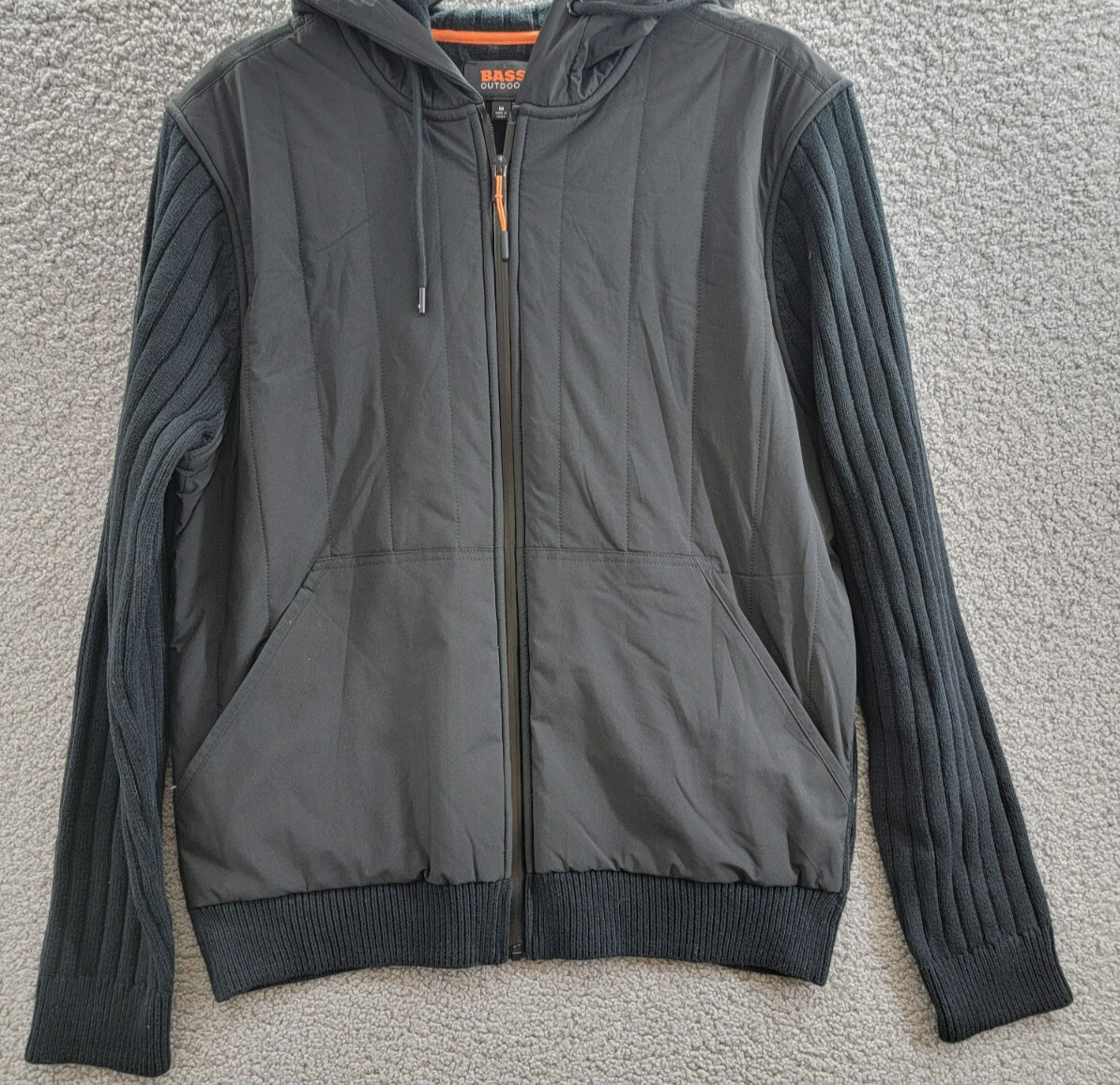 BASS OUTDOOR Mixed Media Zip-Front Hooded Sweater Jacket Men’s M Black Pockets