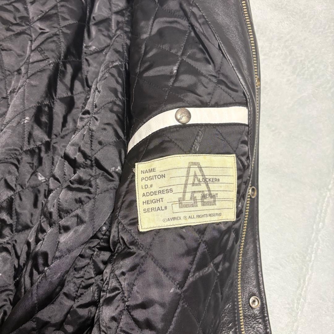 AVIREX XL Leather Varsity Jacket Black White Genuine Leather Cleaned F/S