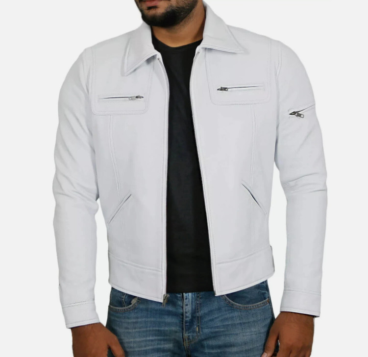 Men Stylish 100% Genuine Lambskin Leather Handmade White Casual Biker Jacket
