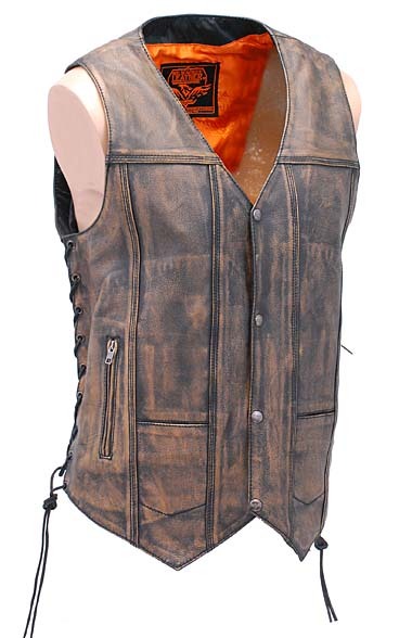 MEN’S MOTORCYCLE 10 POCKET DISTRESSED BROWN LEATHER VEST WITH 2 GUN POCKETS