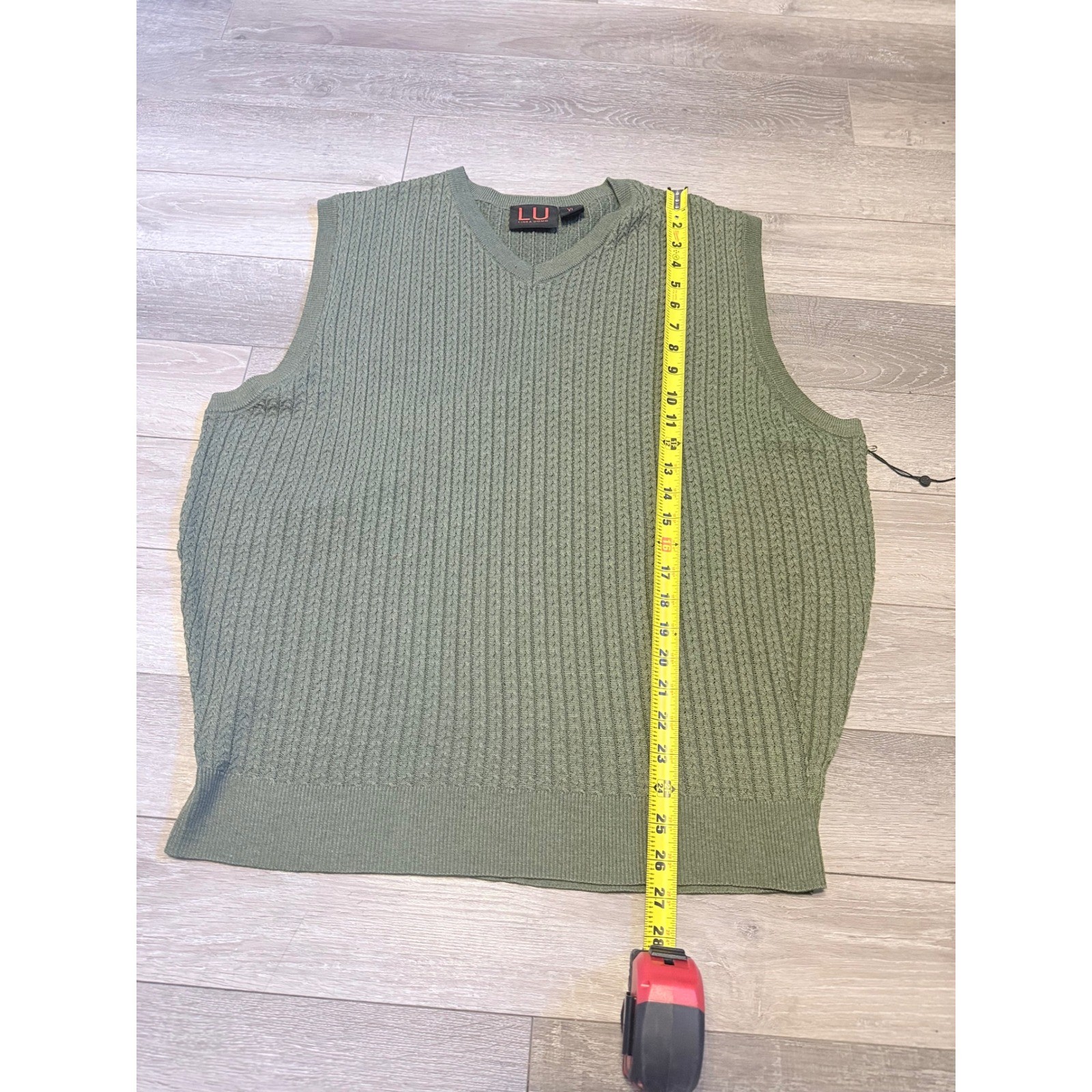 Linea Uomo Sweater Vest Mens XL Green V-Neck Cable Knit Textured Polyester