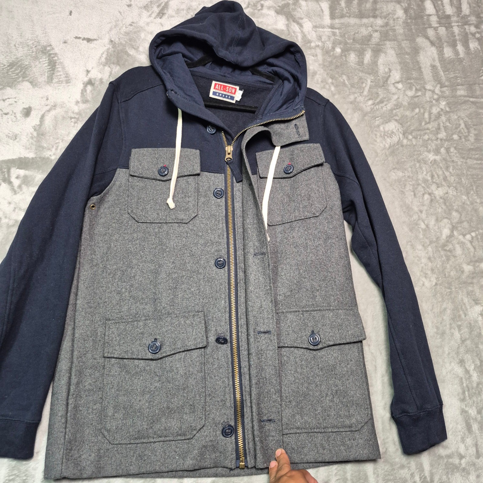 All-Son Surplus & Equipment Mens Navy Grey Wool Blend Utility Hooded Jacket M