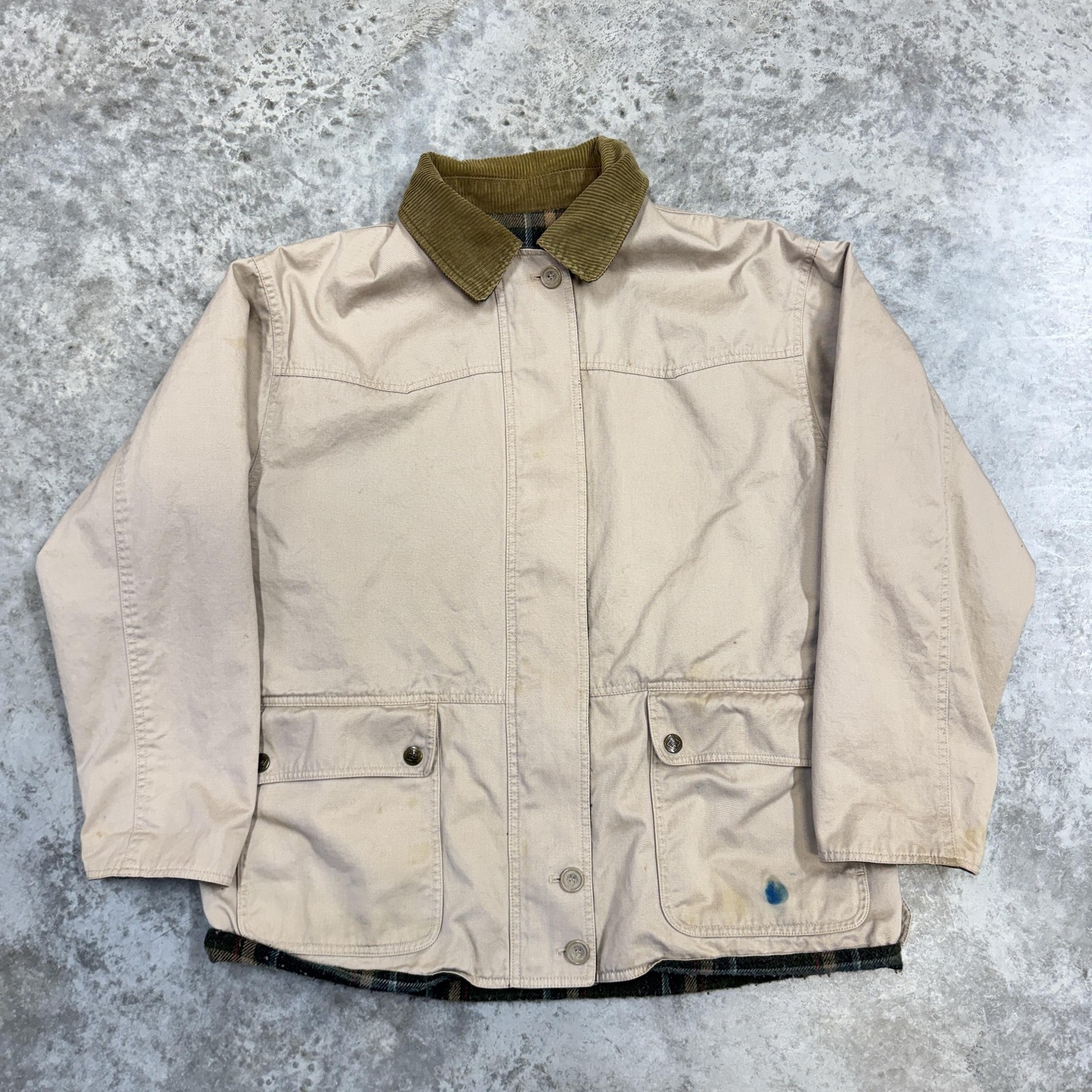 Sterling Bay Jacket Mens Large Beige Canvas Reversible Plaid Lined Workwear