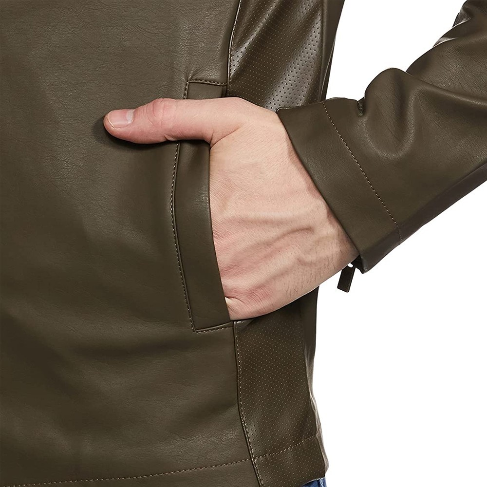 Men’s Olive Green Leather Jacket Slim Fit Stand Collar Motorcycle Casual Jacket
