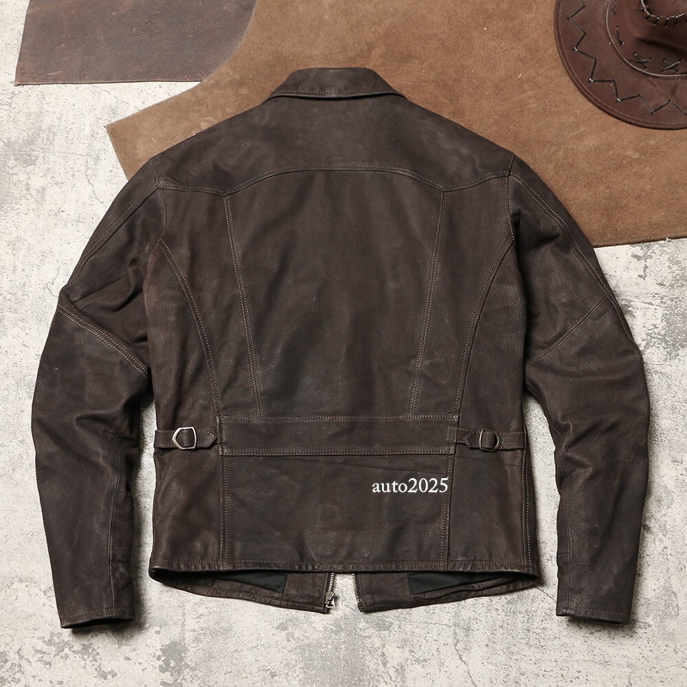 Mens Vintage Style Washed Distressed Nubuck Goatskin Leather Jacket Matte Casual