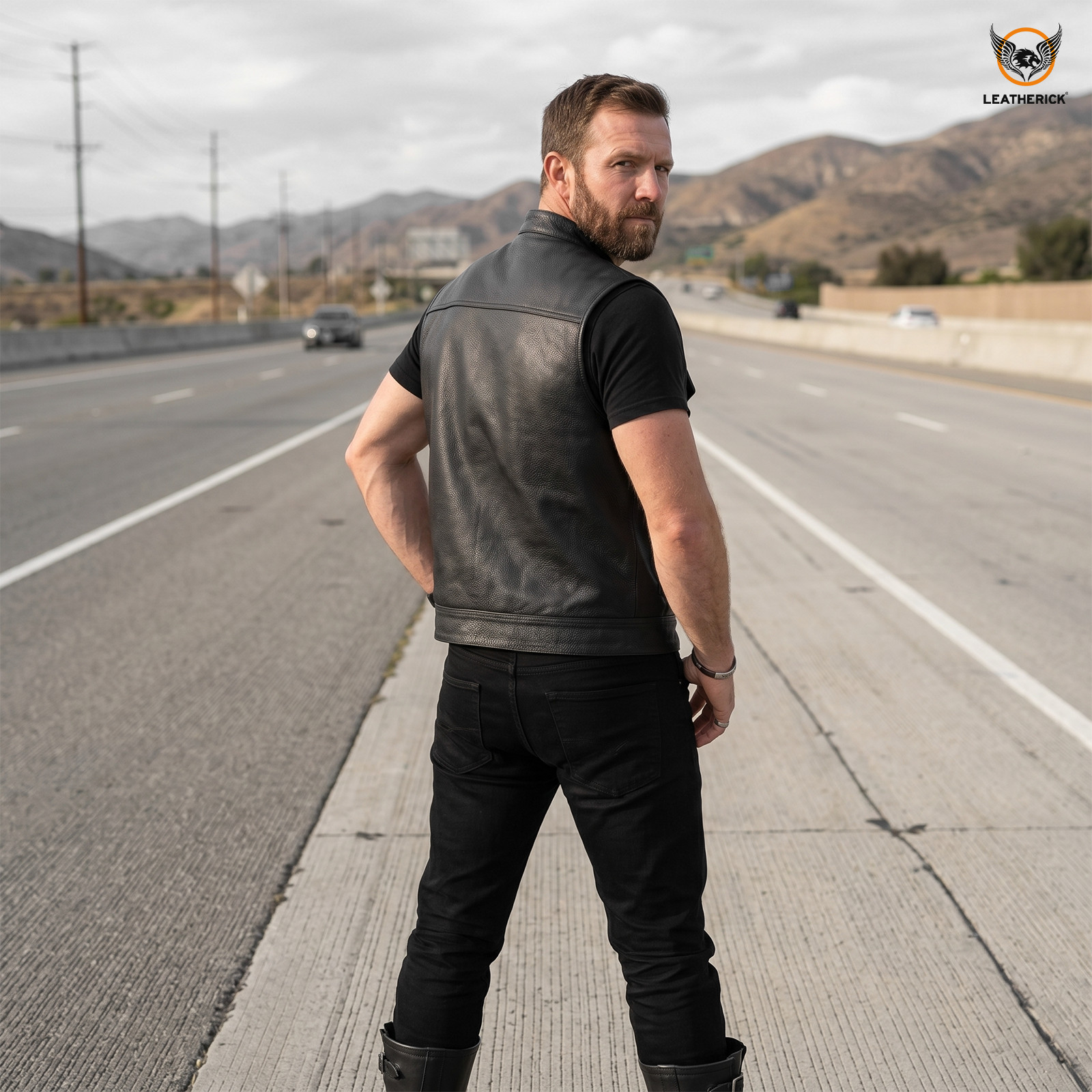 Leatherick Men’s SOA Real Leather Black Vest for Motorcycle Bikers – Gun Pockets