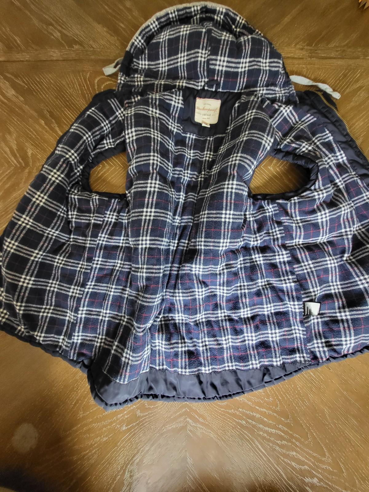 WEATHERPROOF VINTAGE Men Puffer Vest Large Navy Blue Plaid Fleece Hood Trim L